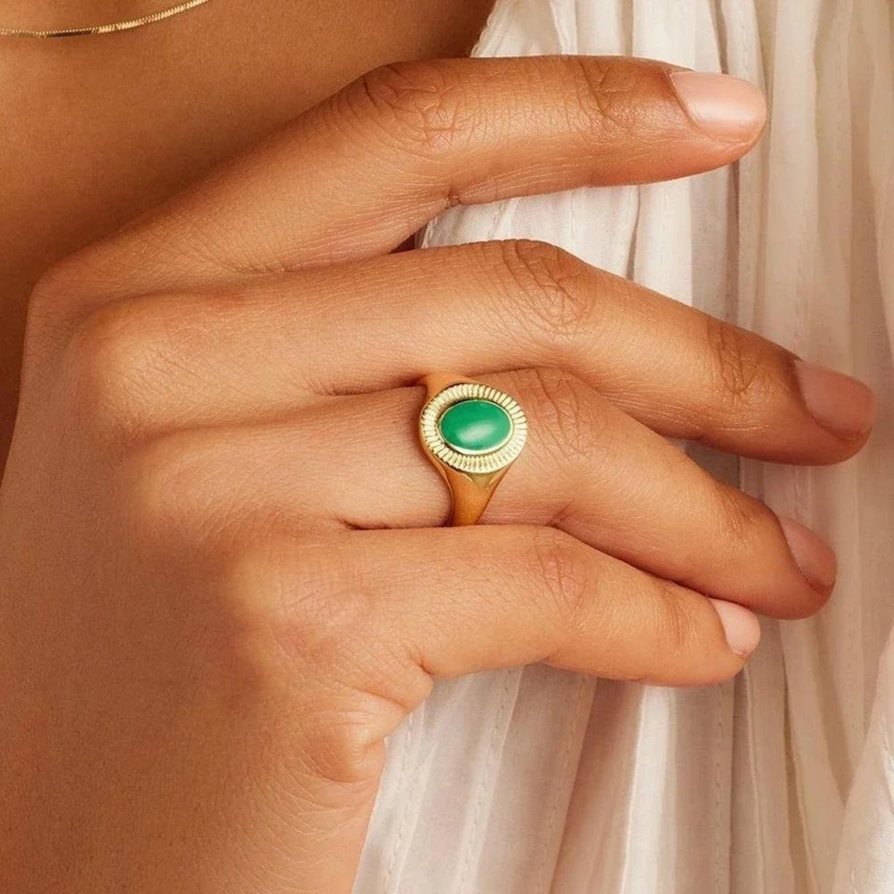 Gorjana New Size 9 18k Gold Plated Brass Hand Painted Kelly Green Enamel Ring‎